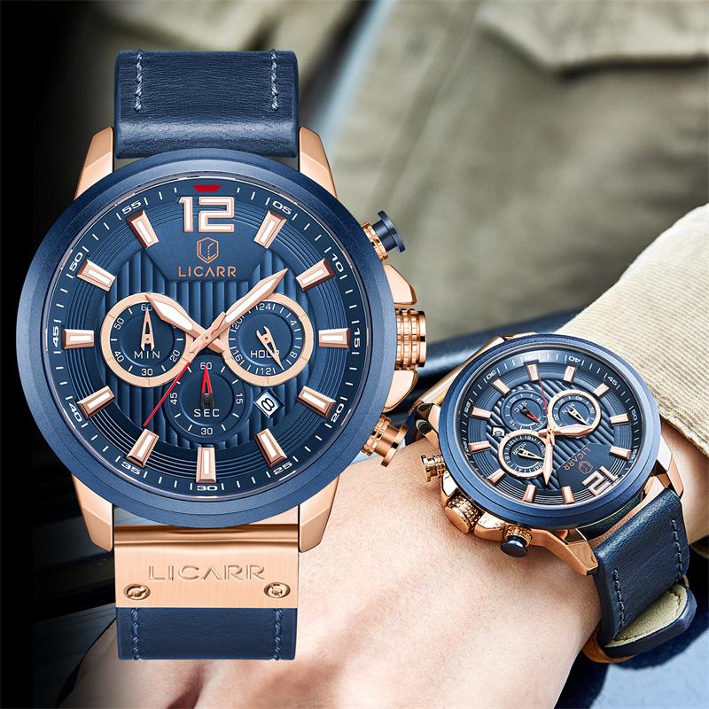 LICARR Brand Waterproof Fashion Casual Men's Watches Leather Strap Chronograph Watch 9501