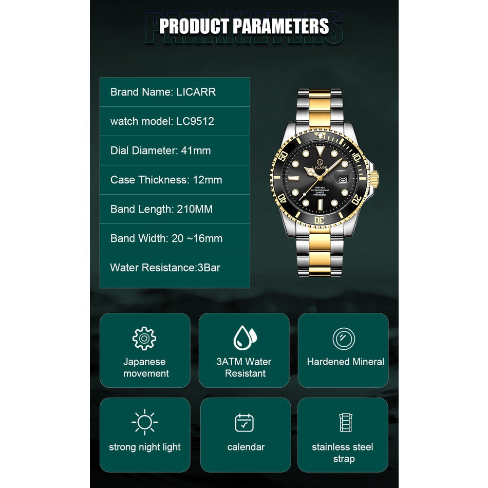 Original Brand LICARR Waterproof Watches Mens Watch Fashion Luminous Calendar