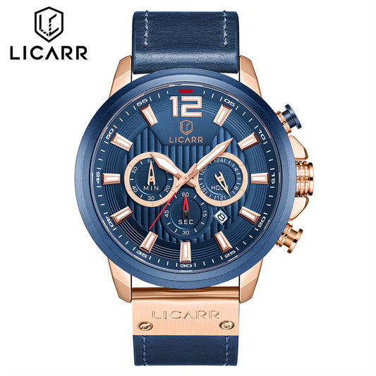 LICARR Brand Waterproof Fashion Casual Men's Watches Leather Strap Chronograph Watch 9501