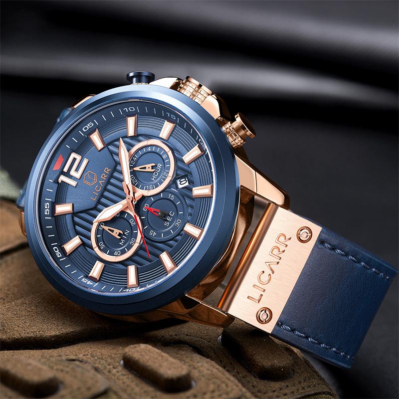 LICARR Brand Waterproof Fashion Casual Men's Watches Leather Strap Chronograph Watch 9501