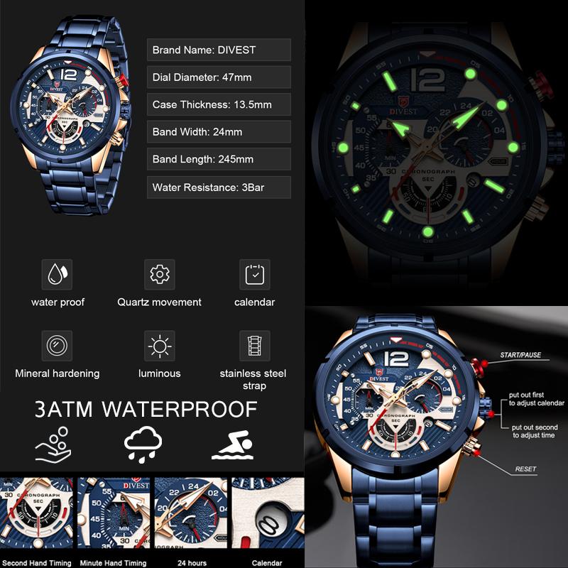 DIVEST Brand Waterproof Fashion Men's Watches Casual Quartz Chronograph Sports Watch 9039