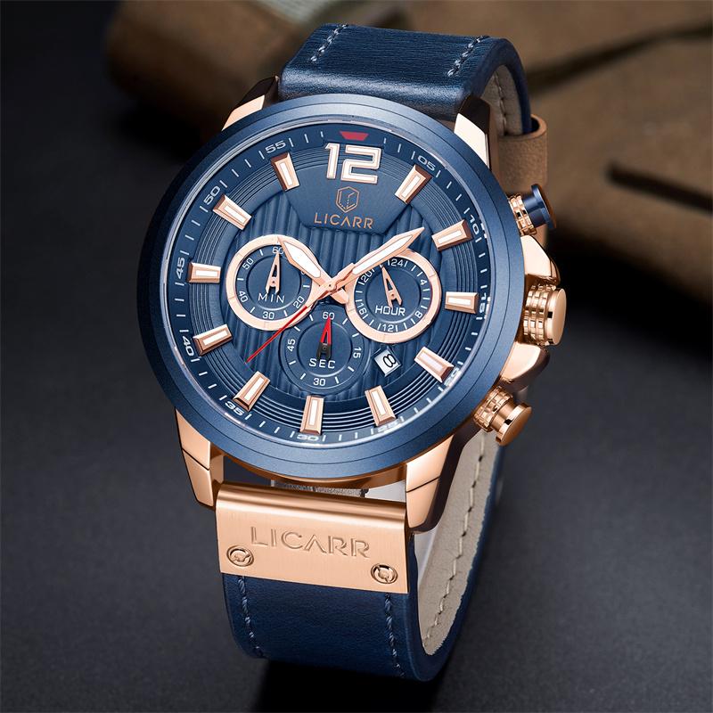 LICARR Brand Waterproof Fashion Casual Men's Watches Leather Strap Chronograph Watch 9501