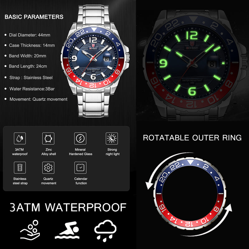 DIVEST Original Waterproof Top Brand Men Watch Fashion Casual Luminous Men's Watches Quartz 9029